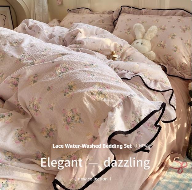 Lace Bed Four-piece Set Soft and Comfortable Skin-friendly Breathable Washed Sheets Quilt Cover Pillowcase