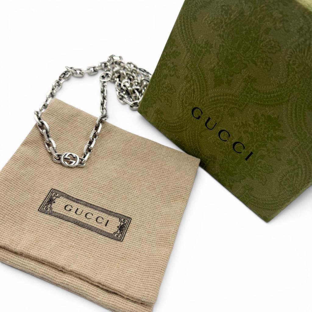 Great GUCCI Necklace Interlocking G Chain Silver AG925 mens 616941 Used