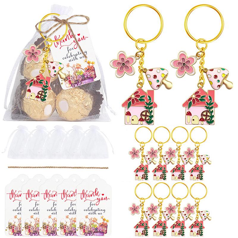 

10 Set Mushroom House Keychain Party Favor Set Mushroom House Keychain Thank You Cards Organza Bag For Guest Wedding Party рожевий