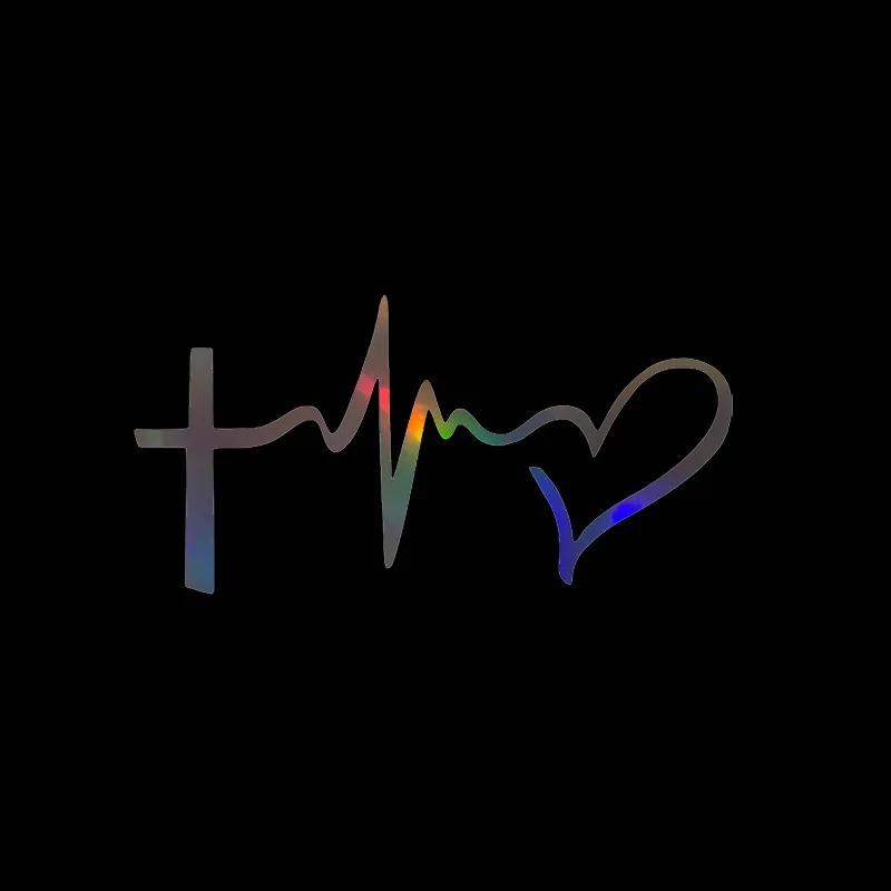 15x7.4cm Heartbeat Cross Faith Car Sticker Auto Body Bumper Windows Motorcycle Laptop Walls Vinyl Film Decal Car Accessories Colorful Laser
