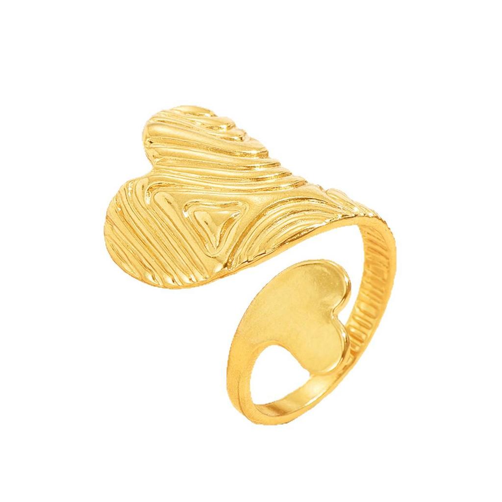 European & American Chic Asymmetrical Heart Stainless Steel Ring - Retro Geometric Texture for Women