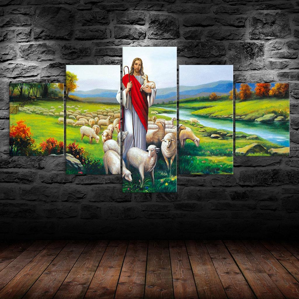 Jesus Christ Sheep Flock River 5 Piece Five Panel Wall Canvas Print Modern Art Poster Picture Home Decor Gift For Him For Her