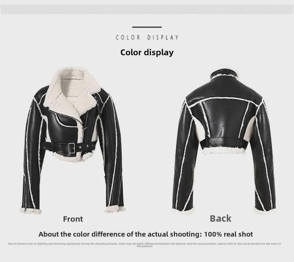 2023 Women's Motorcycle Style Leather Jacket - Short, Fur-Integrated, Cotton Outerwear
