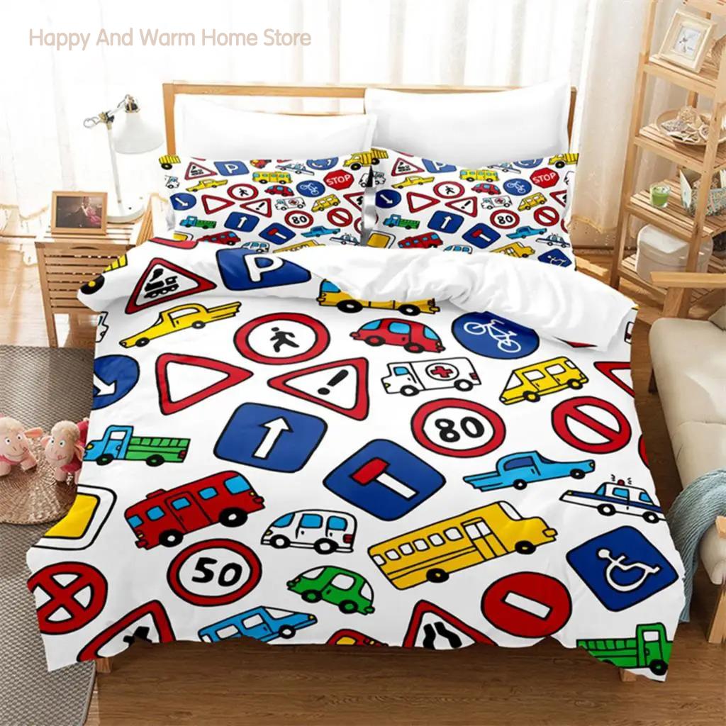 Cartoon Car Bedding Set 3Pcs Duvet Cover Soft Comfortable Breathable For Bedroom Guest Room Decor