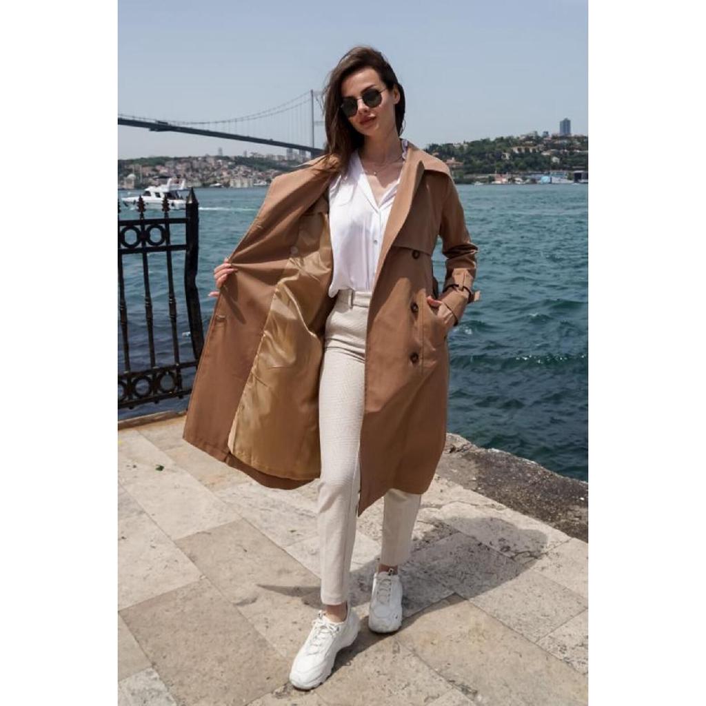 Gabardina 100% bumbac lungă (110cm) Trench pentru damă, căptușit cu curea 1111