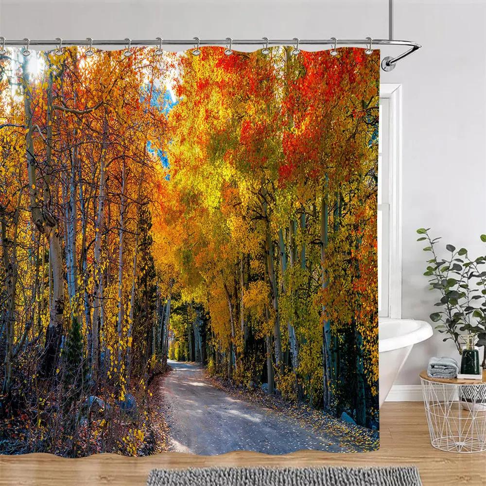 Beautiful Autumn Landscape Shower Curtain Forest Lake Fire Red Golden Leaves Nature Landscape Fabric Bath Curtain Bathroom Decor