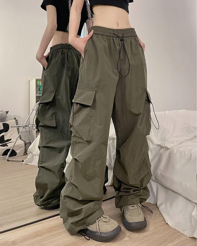 MTUIOY Cargo Casual and Solid Loose Plus Women's Wide-Leg Pants, Stylish, Lightweight, Color, Fit, Sizes, 4-Green-L