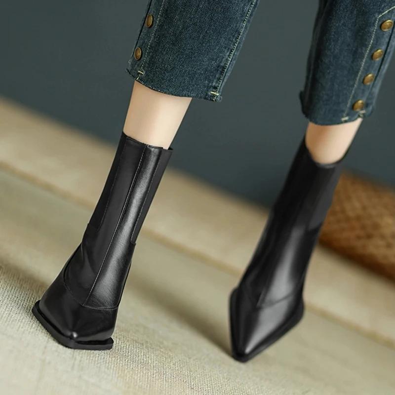 

Женские кожаные ботильоны с острым носком на среднем каблуке, женская мода 2025 года, элегантные зимние платья, ботинки челси, Mujer Botas 42