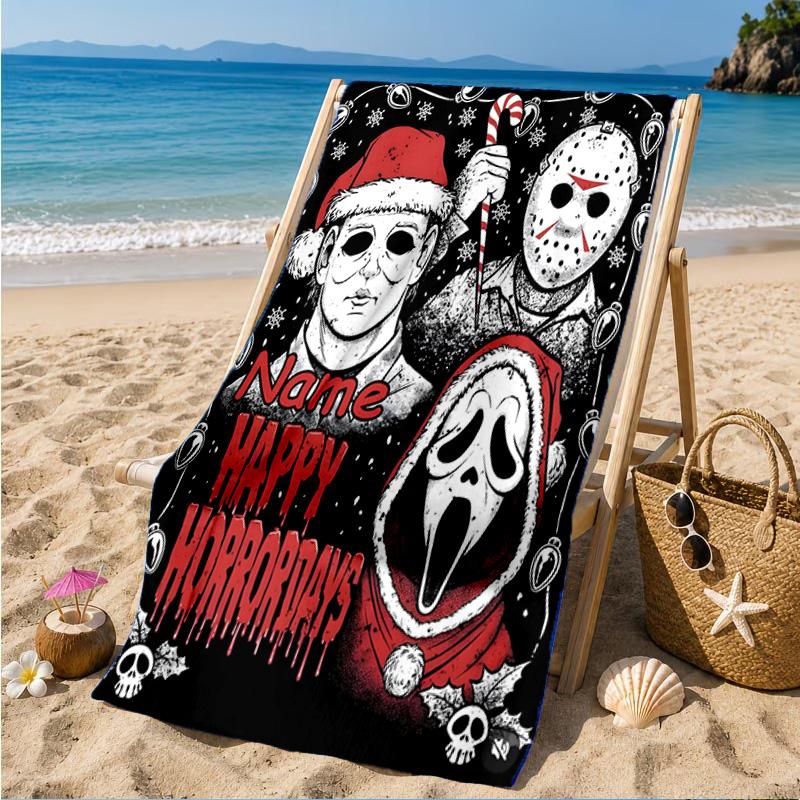 Custom Name Horror Holiday Mashup Beach Towel Microfiber Beach Towel, Lightweight and Quick-Dry, for Summer Travel, Swimming Pool Gift