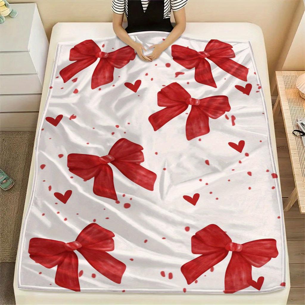 Bows and Hearts Design Pattern Flannel Printed Blanket Suitable for All Seasons Suitable for Living Room Office Sofa and Travel