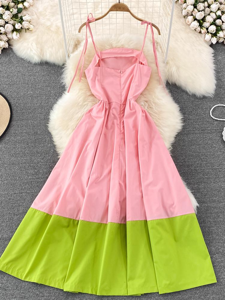 

Новое летнее женское модное повседневное платье на тонких бретельках в стиле пэчворк с открытой спиной, сексуальные тонкие платья трапециевидной формы с высокой талией без рукавов