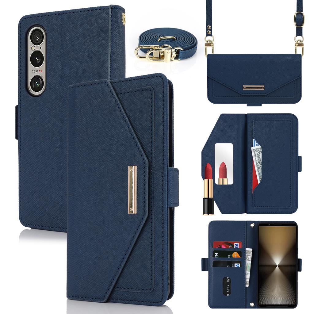 For Sony Xperia 1 VI Stand Case Cross Texture PU Leather Wallet Phone Cover with Shoulder Strap/Makeup Mirror