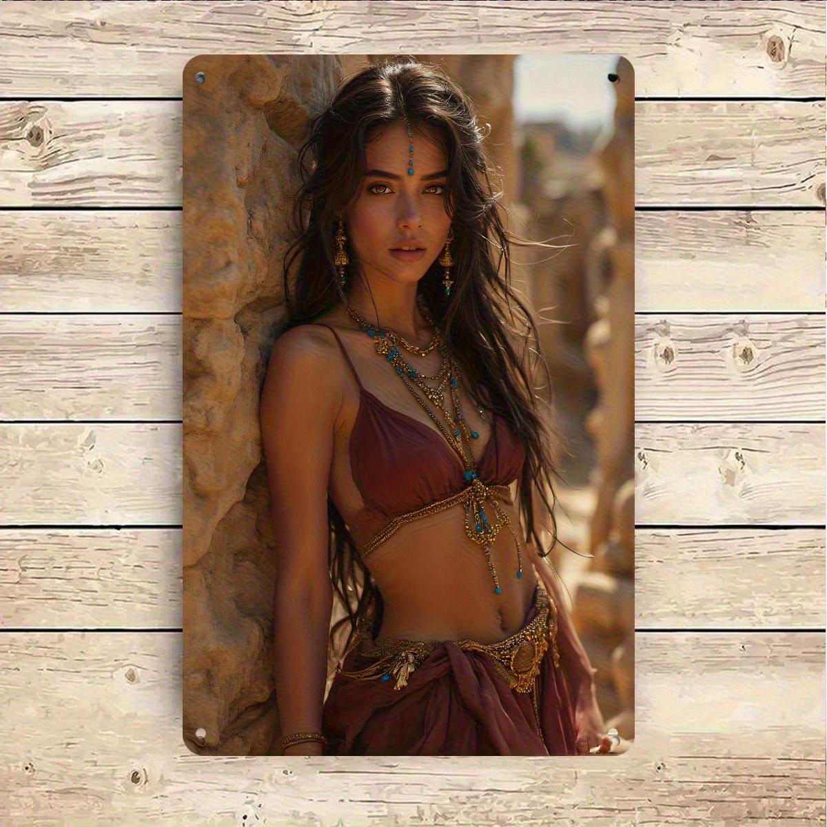 HD Metal Tin Sign Stunning Woman in Boho Desert Outfit with Ancient Ruins Backdrop Vintage Metal Poster Exotic Aesthetic Wall 20x30cm（7.8x11.8inch）