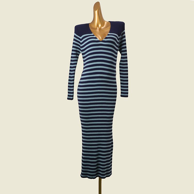 

American Brand Fat Girl Stripe High Elastic Slim fit Long dress Foreign Trade Western Style V-neck Knitted dress Tibetan Blue 18/20