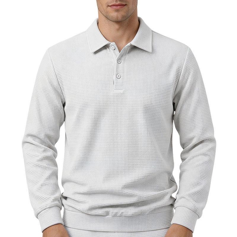Men's Heavyweight Waffle Knit Button Down Collar Long Sleeve Polo Shirt.