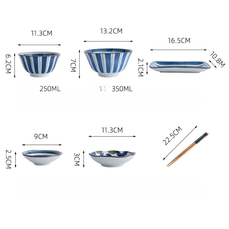 Japonský styl modrobílé porcelánové jídelní sady pro jednu osobu k večeři zahrnují misky, talíř, hůlky, sadu nádobí, keramickou dárkovou sadu 6 kusů