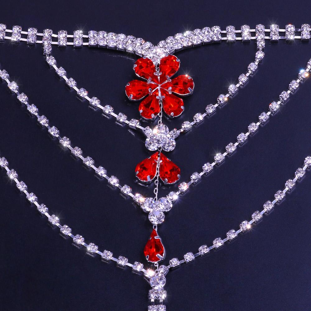Stonefans Fashion Red Flower Rhinestone Thong Panties Bikinis Set Women's Jewelry Luxury Belly Chains for Waist Bikinis Party