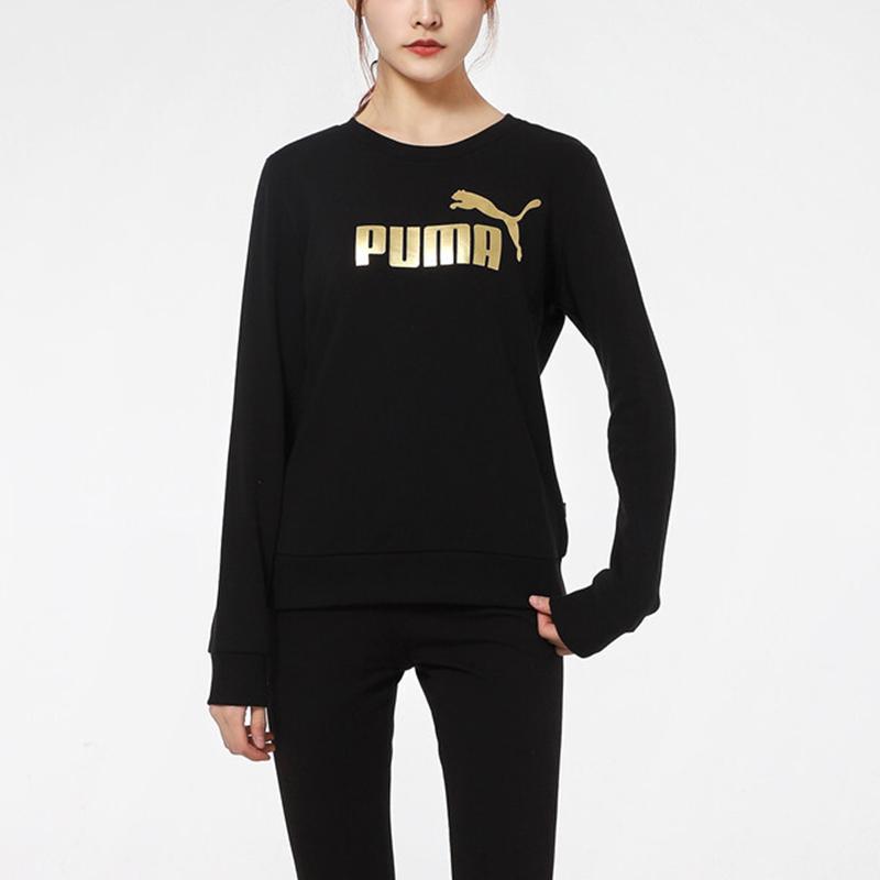 Puma Sports Casual Foil Print Logo Round Neck Pullover Sweatshirt Women Sweatshirt Black 845593-01