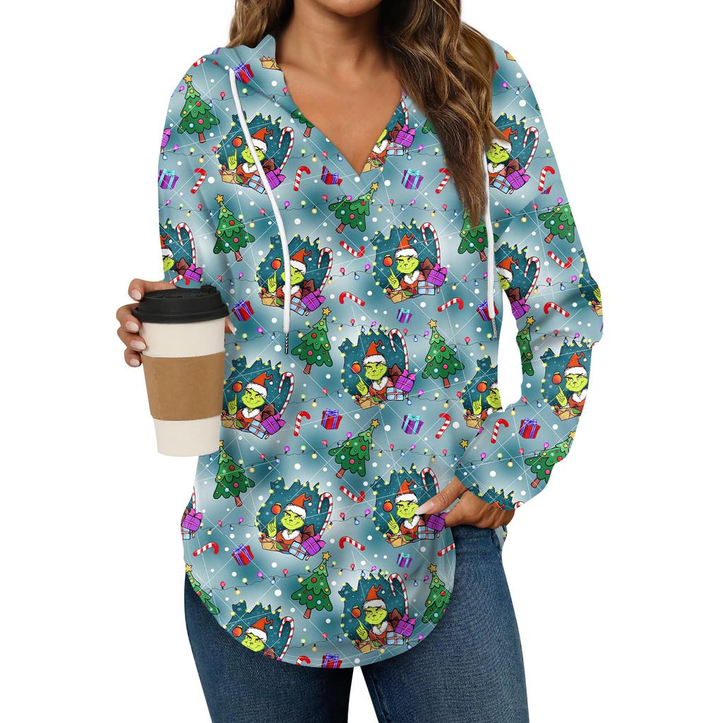 Women's Fashion Hoodies V Neck Long Sleeve Christmas Printed Drawstring Casual Loose Pullover Tops