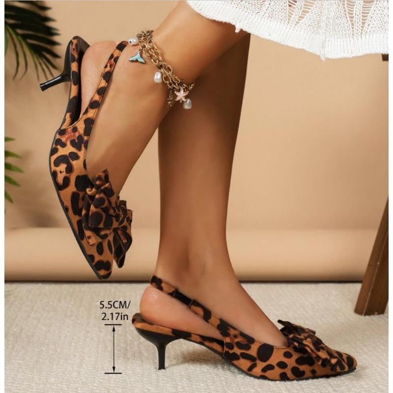 Vintage Leopard Print High Heel Sandals Summer 2026New Pointed Toe Stiletto Sexy Bow Ladies Sandals Big Size Slippers Shoe Woman