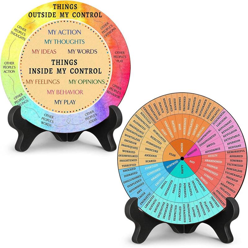 2 Pcs Feelings Wheel Aluminum Round Metal Mood Wheel Therapy Emotions Wheel Mental Health Relax Office Desk Decor