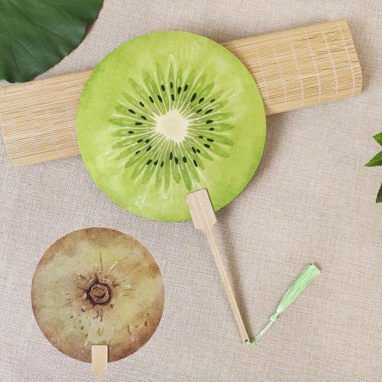 Fruit Print Fan with Wooden Long Handle Portable Lightweight Outdoor Travel Camping