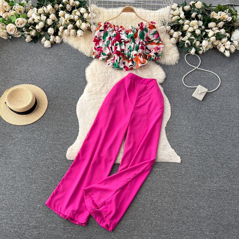 

K-style Fashion off-Shoulder Ruffles Floral Shirt Rose Red One size