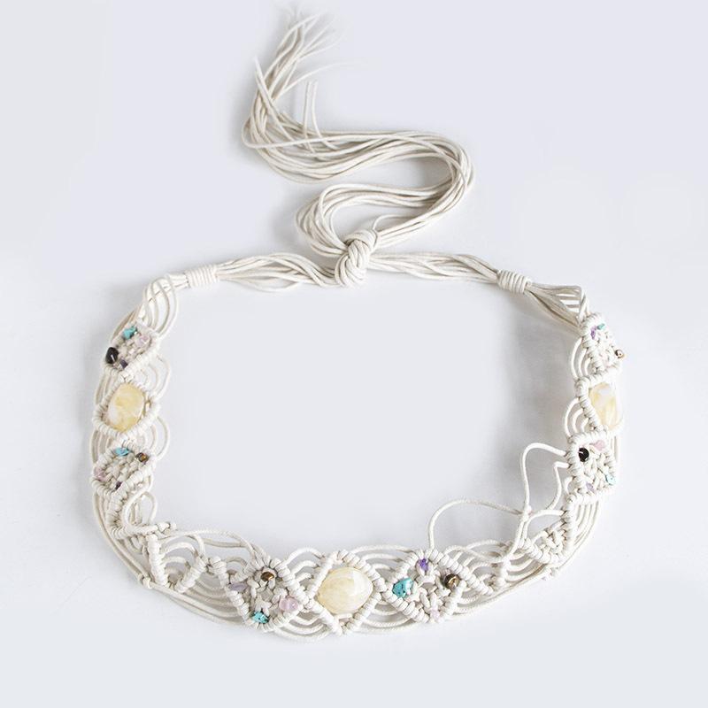 Богемный пояс Этнический пояс Натуральный гравий Вязаный Ручной работы Отпускной стиль Женская поясная веревка