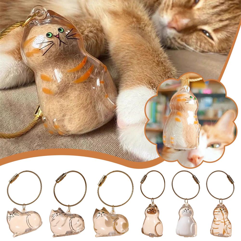 Brand-new  Handmade Design Stylish Keychain Cute Cat Shaped Small Ornaments Cat Fur Storage Pendant Transparent Container