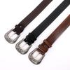 Retro Western-Style Leather Belt with Carved Metal Buckle and Embossed Design