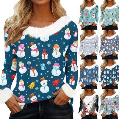 Top Peludo de Fiesta Navideño con Estampado, Cuello en V y Mangas Largas para Mujer