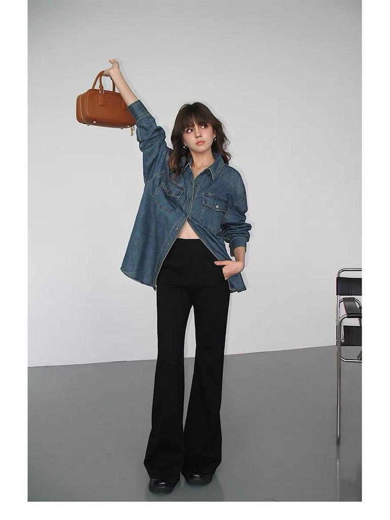 Unisex Vintage American Retro Blue Denim Shirt Jacket 2025 - Long Sleeve, Suitable for Spring, Autumn, and Winter