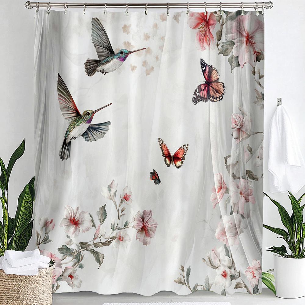 1Pc Colorful Flowers And Birds Print Waterproof Shower Curtain Partition Privacy Hanging Curtain With 12 Hooks Machine Washable