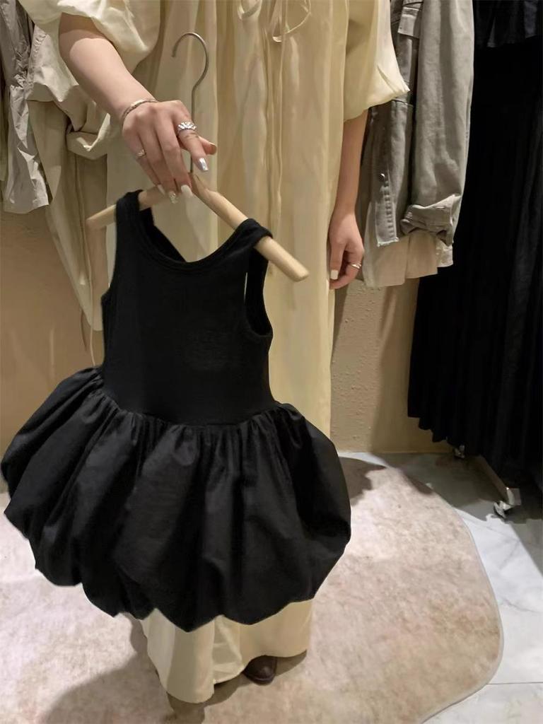 Korean Girls Sleeveless Backless Black Dress - Flower Bud Style Puffy Dress for Children