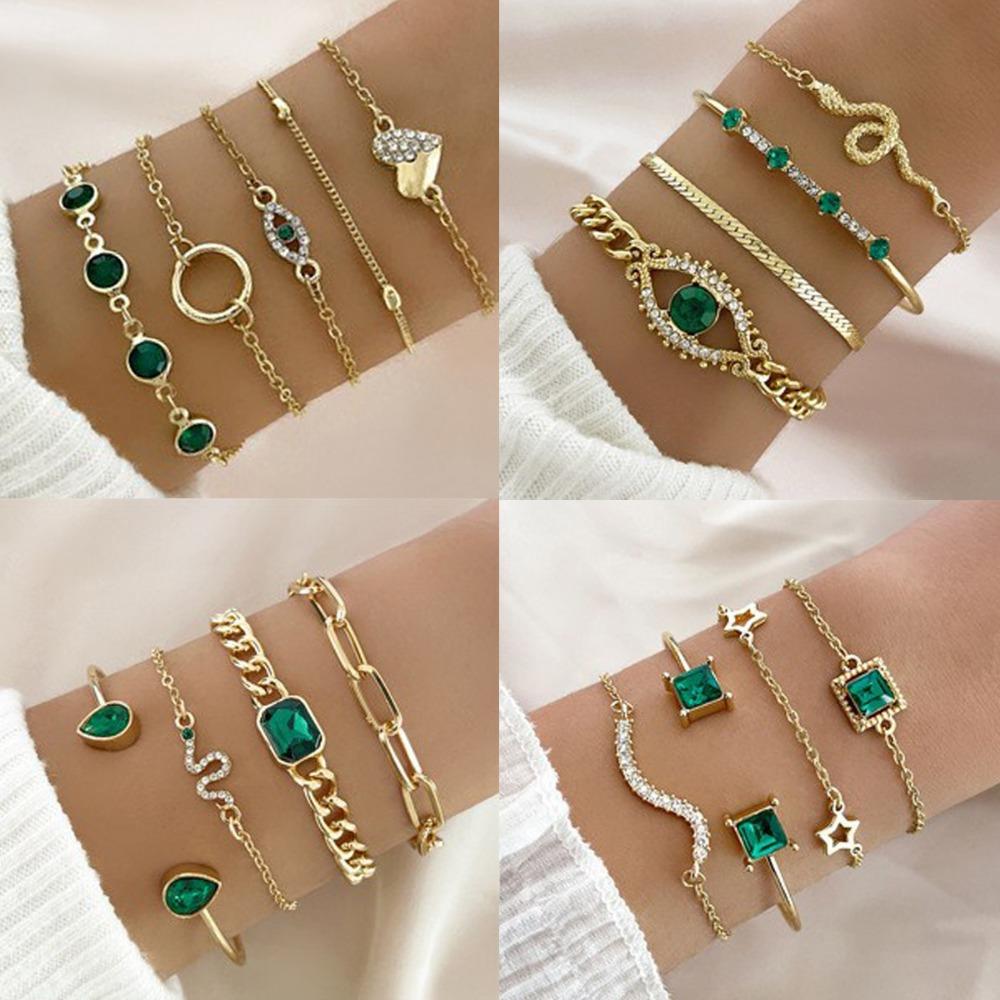 4pcs Fashion Green Gemstone Bangle Rhinestone Full For Women Birthday Party Christmas Gift Jewerly