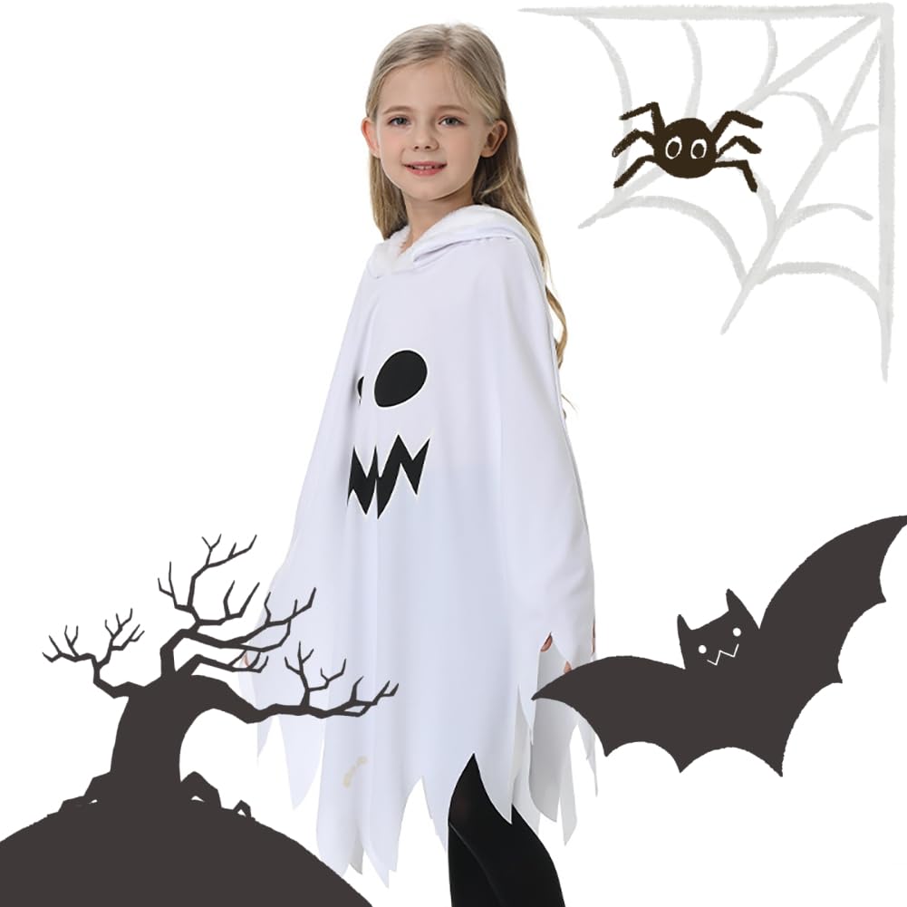 [LJZM] Ghost Cosplay für Kinder Halloween Geisterkostüm Kinder Sensenmann Teufelskostüm Geisterponcho Fluoreszierender Effekt Jungen Mädchen Umhang Niedlich (Weiß, L)