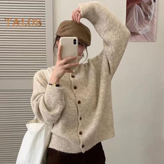Women Plush Sweater Coat High Collar Long Sleeve Loose Fit Design Knitting Sweater Buttons Closure Knitwear