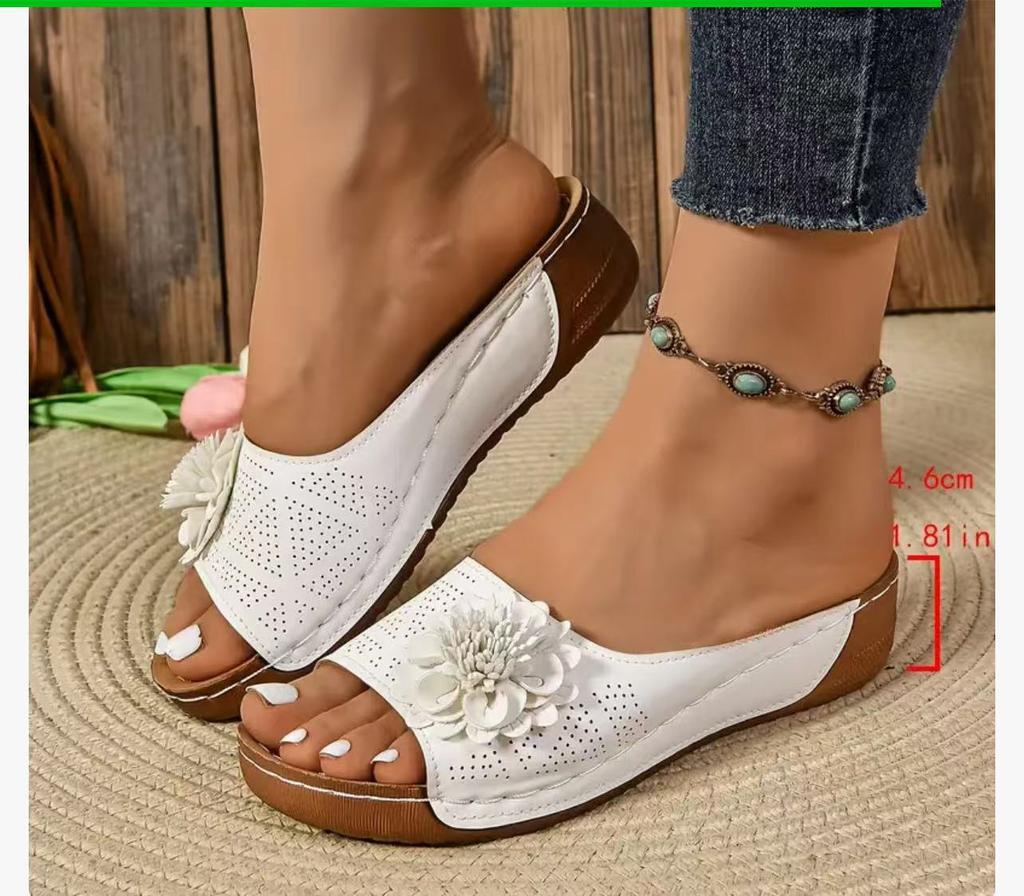 South East Asia Foreign Trade Large Size Thick Bottom Hollow One-word Slippers Women's Open-toed Flower Slope Heel Beach Cool Slippers