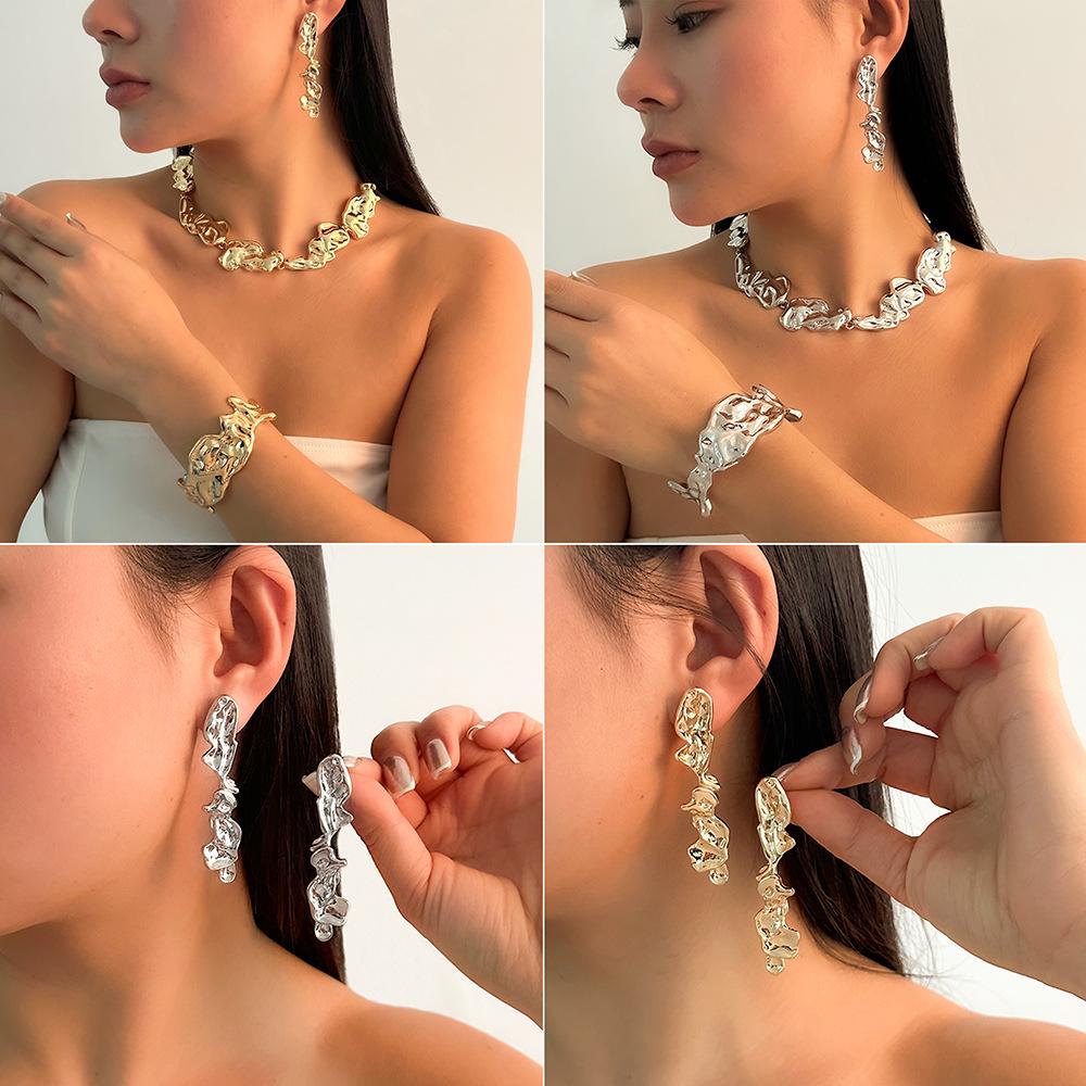European & American Molten Lava Metal Necklace & Earrings Set: Irregular, Versatile, Exaggerated Design