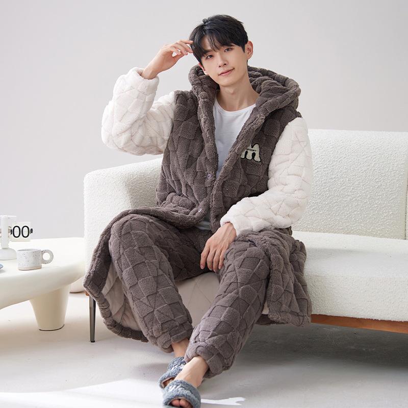 2024 Men's Quilted Winter Hooded Pajama Bathrobe - Warm, Thick Coral Fleece Outerwear