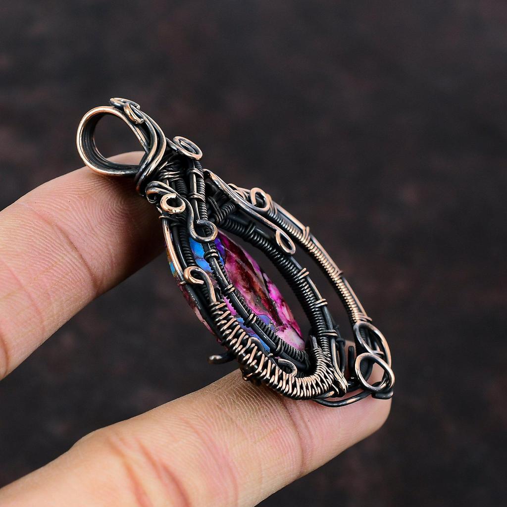Natural Kingman Pink Dahlia Turquoise Pendant Copper Wire Wrapped Pendant Gemstone Copper Jewelry Engagement Gift Handmade Brand New Pendant
