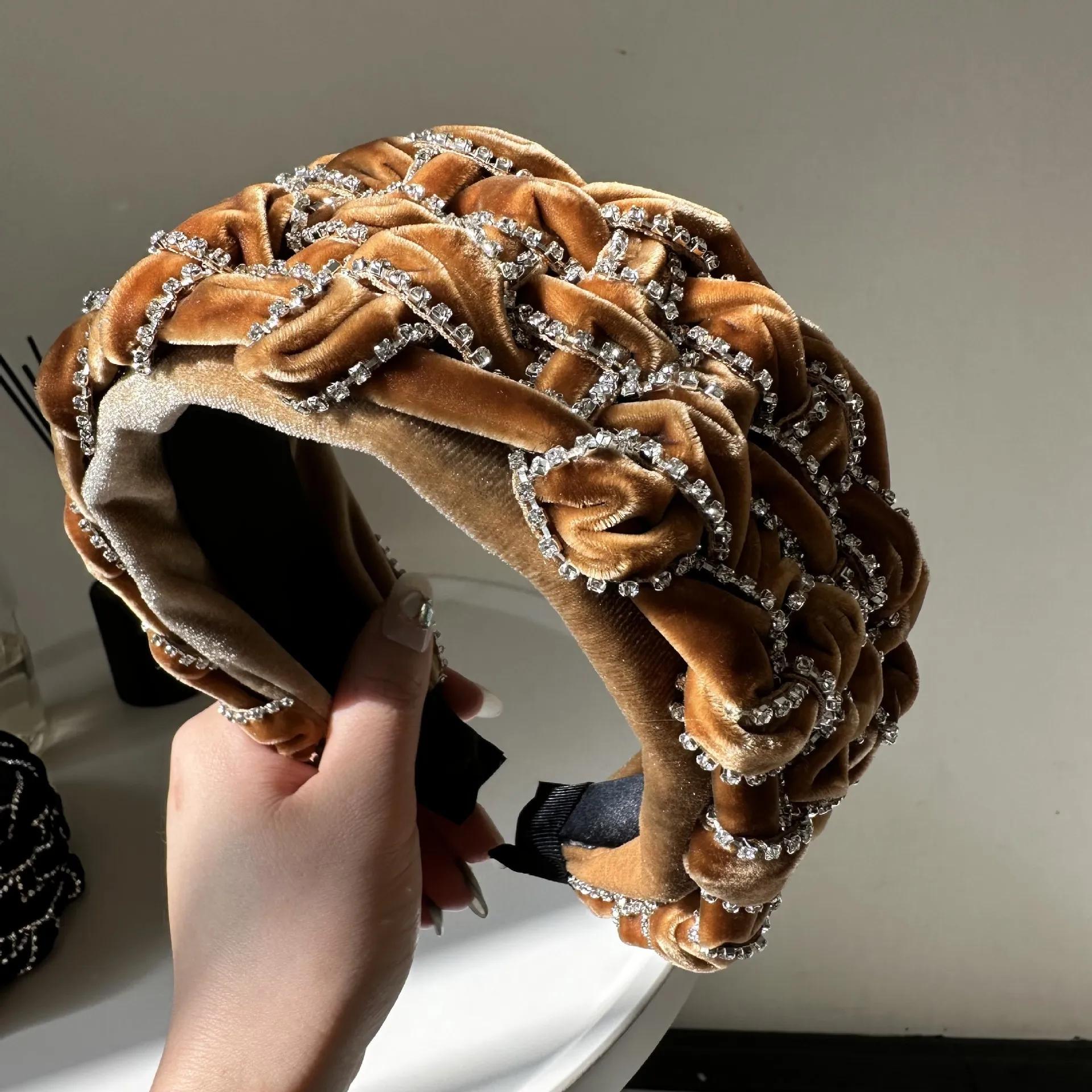 

Черные хрустальные повязки на голову для женщин, девушек, бархатные, с подкладкой, ювелирные изделия, цепочка со стразами, повязка для волос, ручная работа, ретро, бриллиантовые аксессуары для волос