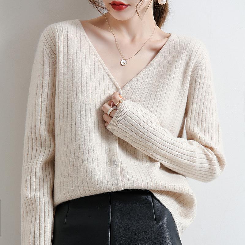 Women's V Neck Ribbed Knit Cardigan Thin Single Breasted Loose Slim Long Sleeve Knitwear Coat for Spring Autumn
