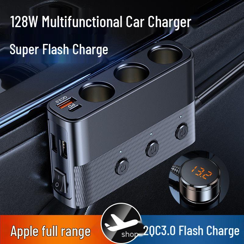 127W Multifunction Car Charger: 1-to-3 Cigarette Lighter with PD30W QC3.0 Fast Charging