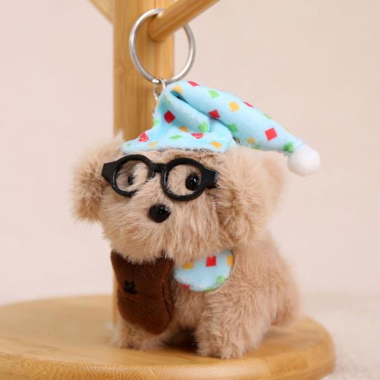 Sleeping Glasses Dog Plush Keychain Cute Puppy Backpack Charm with Wizard Hat & Bib Soft PP Cotton Stuffed Doll Gift for Dog Lovers