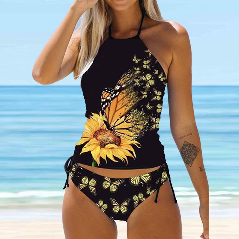 Γυναικείο μαγιό σε στυλ κρεμαστό λαιμό Πολύχρωμο μπικίνι μαγιό με στάμπα Dragonfly