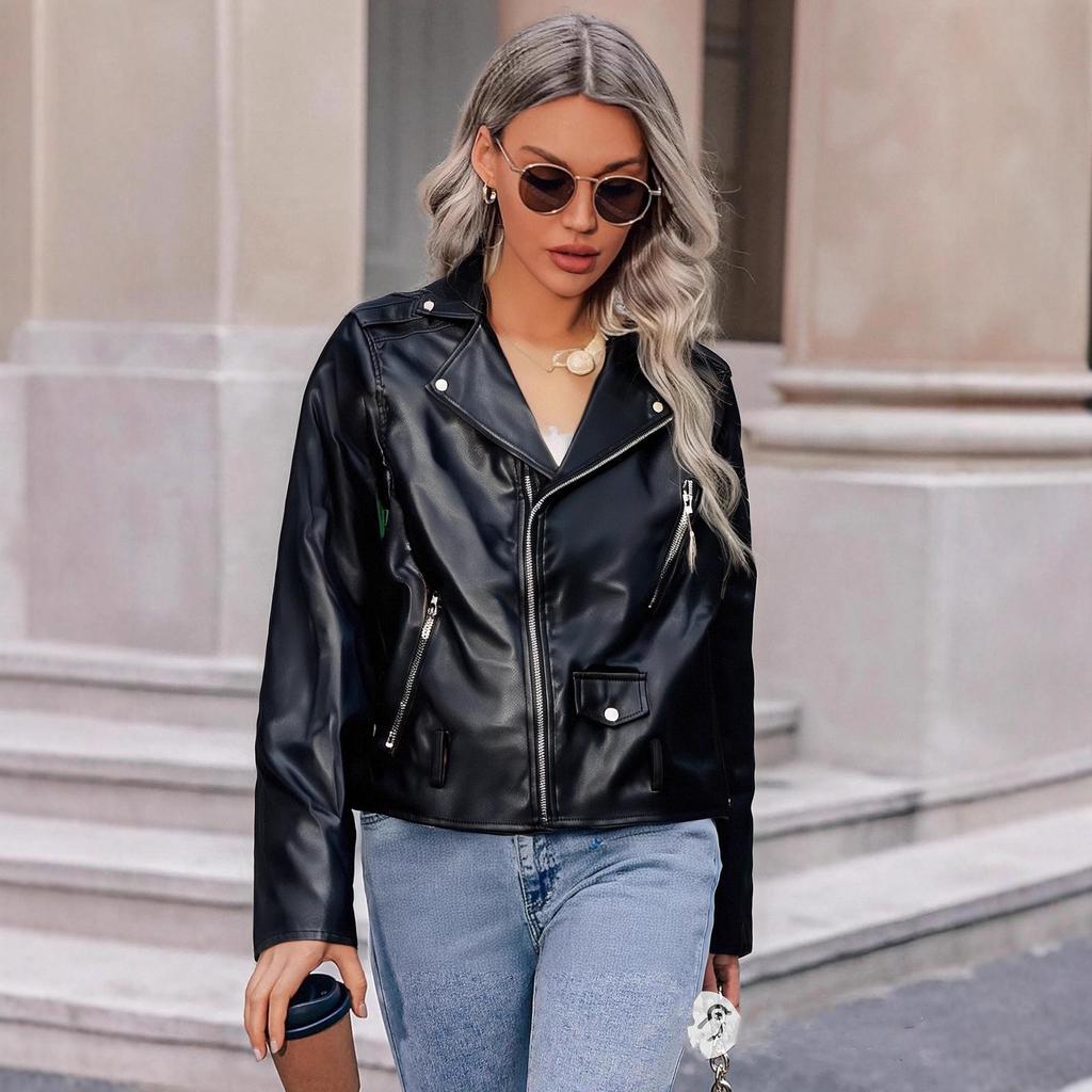 Women's Autumn 2025 Slimming Slanted Zip Short Leather Motorcycle Jacket