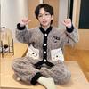 Boys Winter Coral Fleece Pajama Set Cartoon Animal Print Warm Thick Long Sleeve V-Neck Sleepwear Kids 8-14 Years