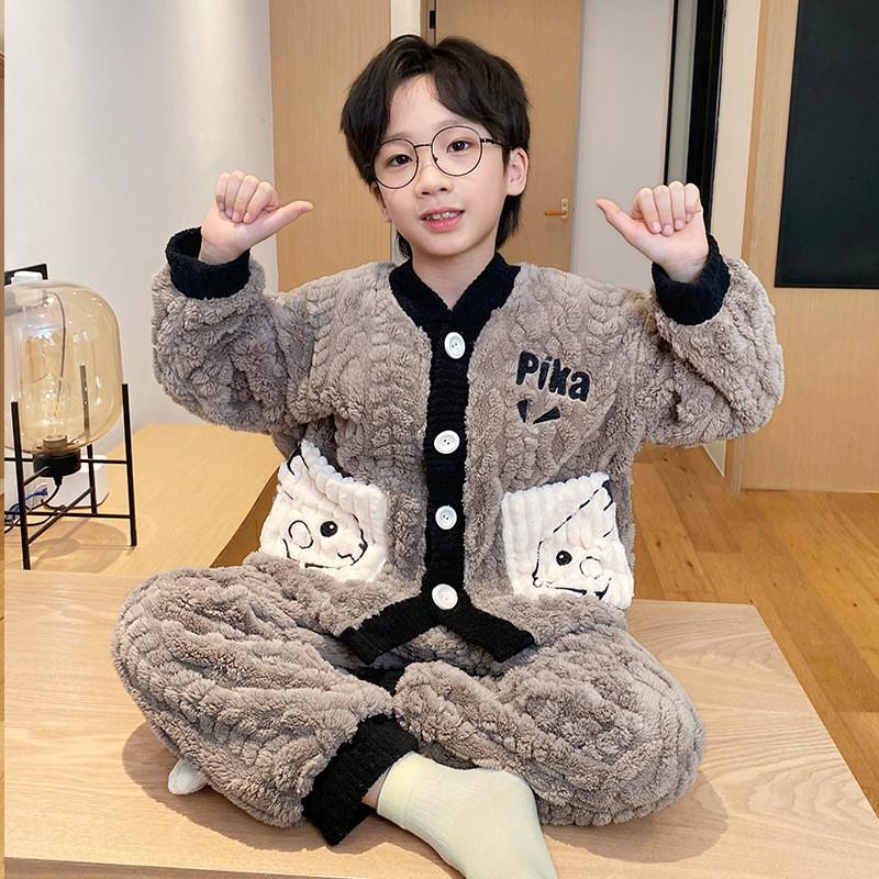 Boys Winter Coral Fleece Pajama Set Cartoon Animal Print Warm Thick Long Sleeve V-Neck Sleepwear Kids 8-14 Years
