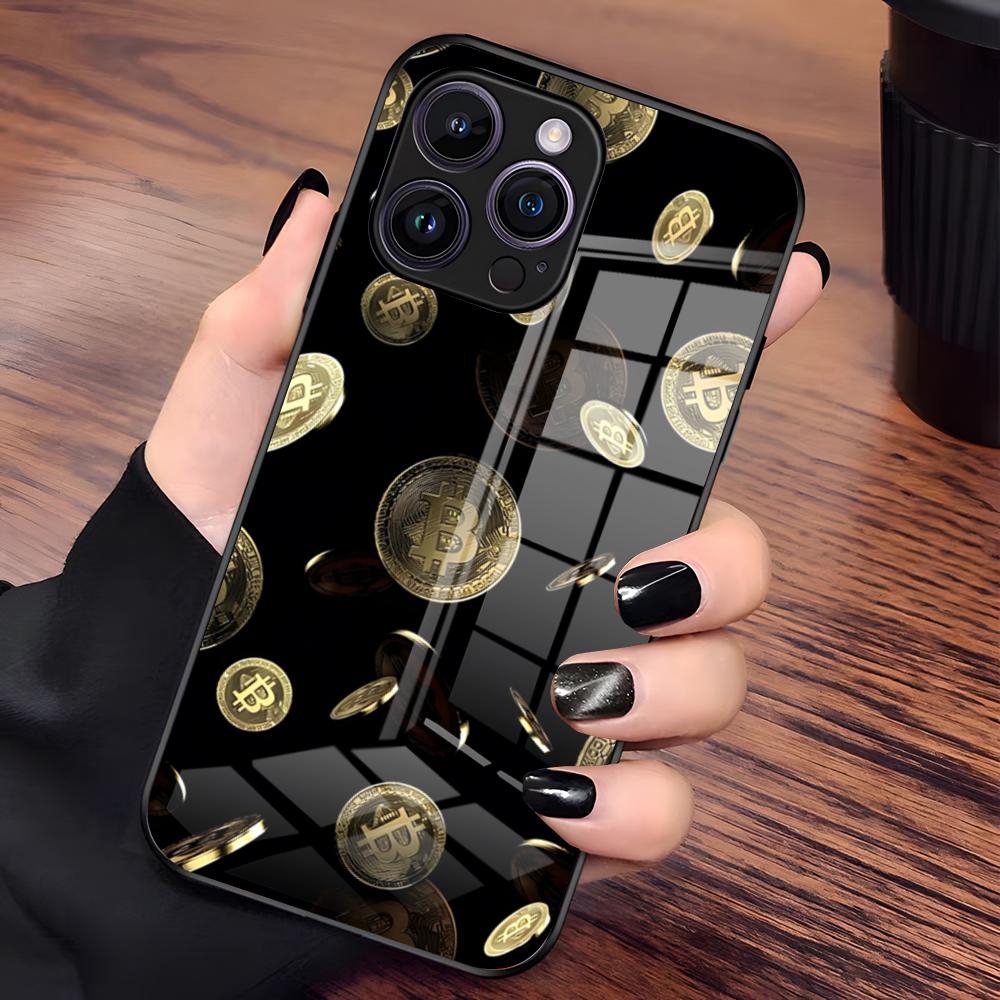 Luksusowe Etui na Telefon Bitcoin Dla IPhone 17 Pro Max 15 Pro 16 14 Plus 12 13 Mini 11 Pro Odporne na Wstrząsy Szklane Pokrowce